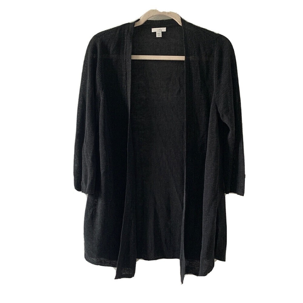 J. Jill Womens Size Medium Petite Black Open Front Linen Blend Cardigan